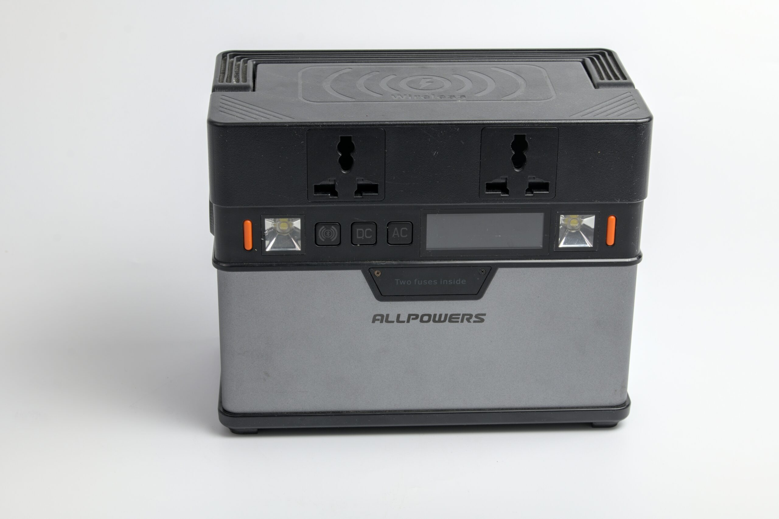 Allpowers S300 portable power station front view with AC outlets and display
